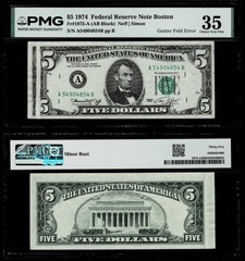 GUTTER FOLD ERROR $5 1974 FR NOTE FR.#1973-A BOSTON PMG VF35