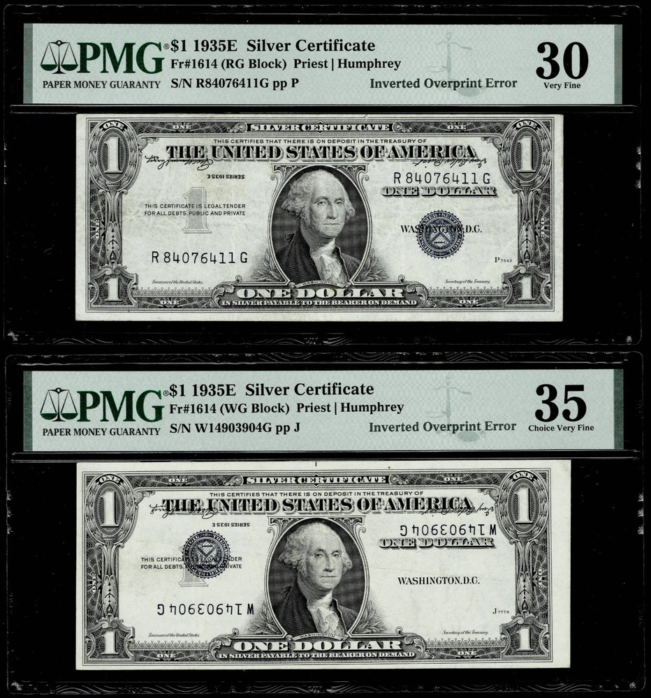 (2) INVERTED OVERPRINT ERROR 1935E Silver Certificate Note PMG VF30 35
