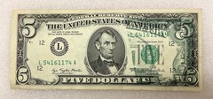 1977 Five Dollar Bill Note Partial Back-to-Face Offset Error- Back Side On Front