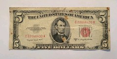 1953 B $5 Dollar Red Seal Misaligned Error Banknote