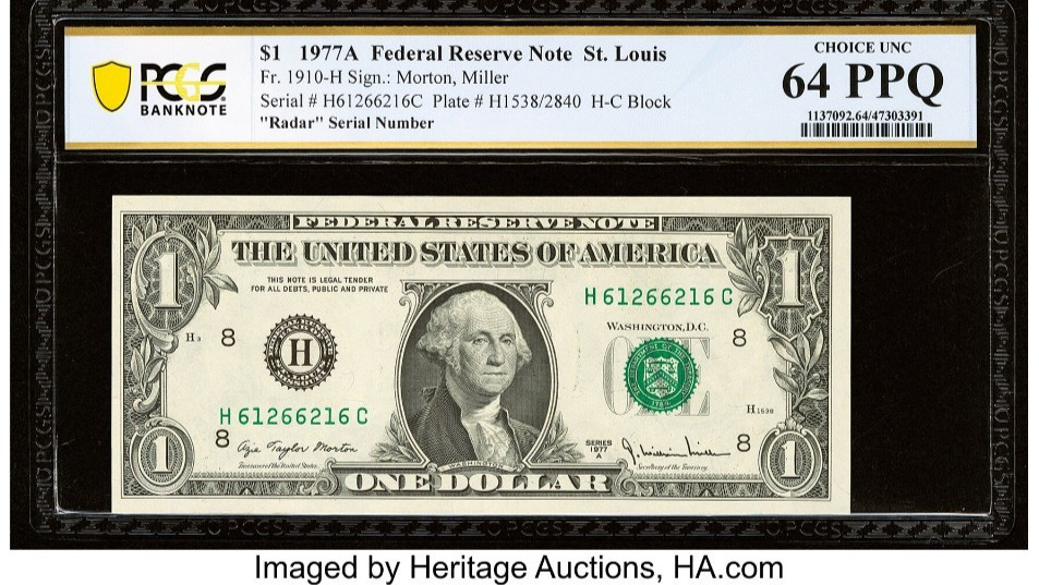 1977 A $1 FRNs Radar Note 61266216 PCGS Banknote 64 PPQ