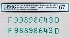 1981 A FRN $1 banknote Mismatch Serial numbers Error PMG 67 Superb Gem F/S