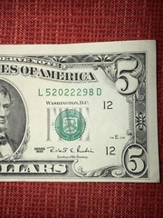 $5 Bill Series 1995 Vintage L52022298D Fancy Quad 2s Serial Note Error Miscut