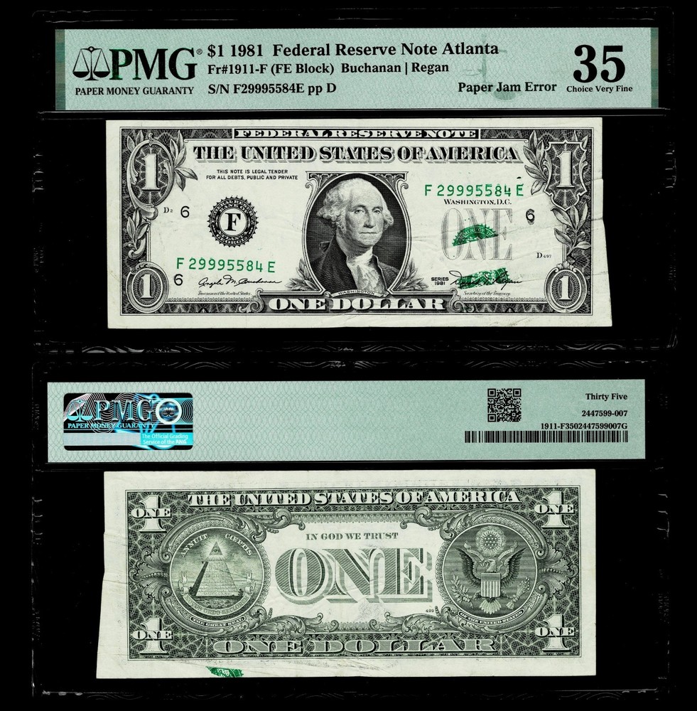 Paper Jam Error Fr. 1911-F $1 1981 FR Note~PMG CHOICE VERY FINE 35