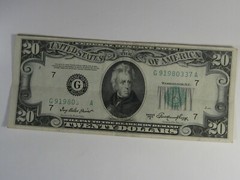 ERROR Note:1950-A $20 FRN w/ Missing Serial Numbers – Print over Foreign Object.