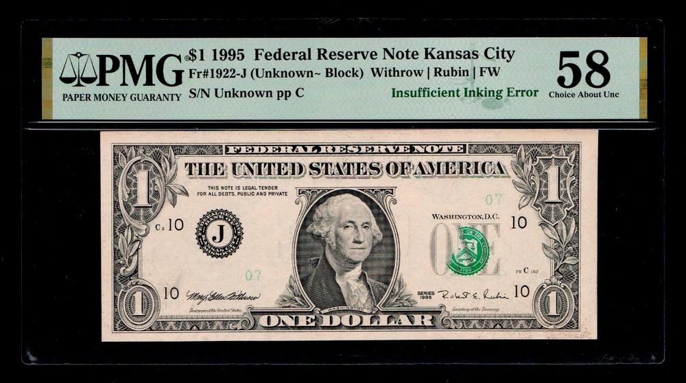 1995 $1 Kansas City Insufficent Inking Error PMG UNC 58