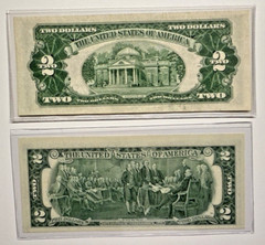 PAIR OF TWO 1953/1976 2$ MISALIGNED RED/GREEN SEAL ERROR 5105A/1011A