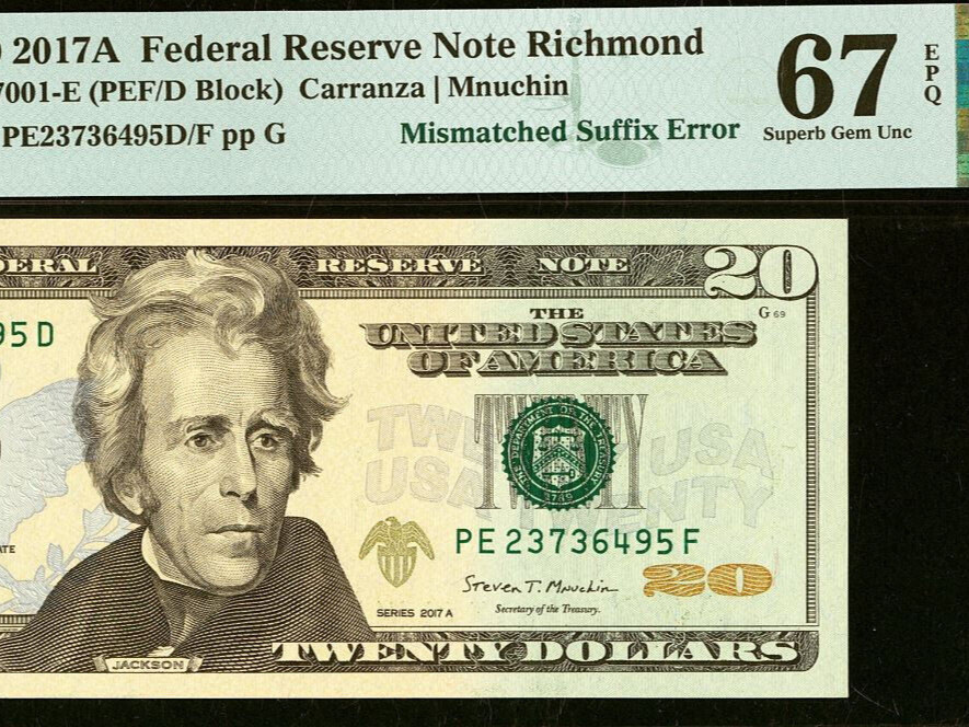 2017A $20 FRN PMG 67EPQ rare mismatched suffix error (PEF/D) 2nd highest graded