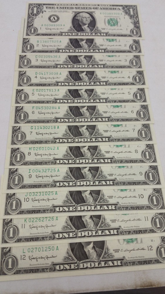 1963 $1.00 GEM UNCIRCULATED FEDERAL RESERVE NOTE COMPLETE BANK SET