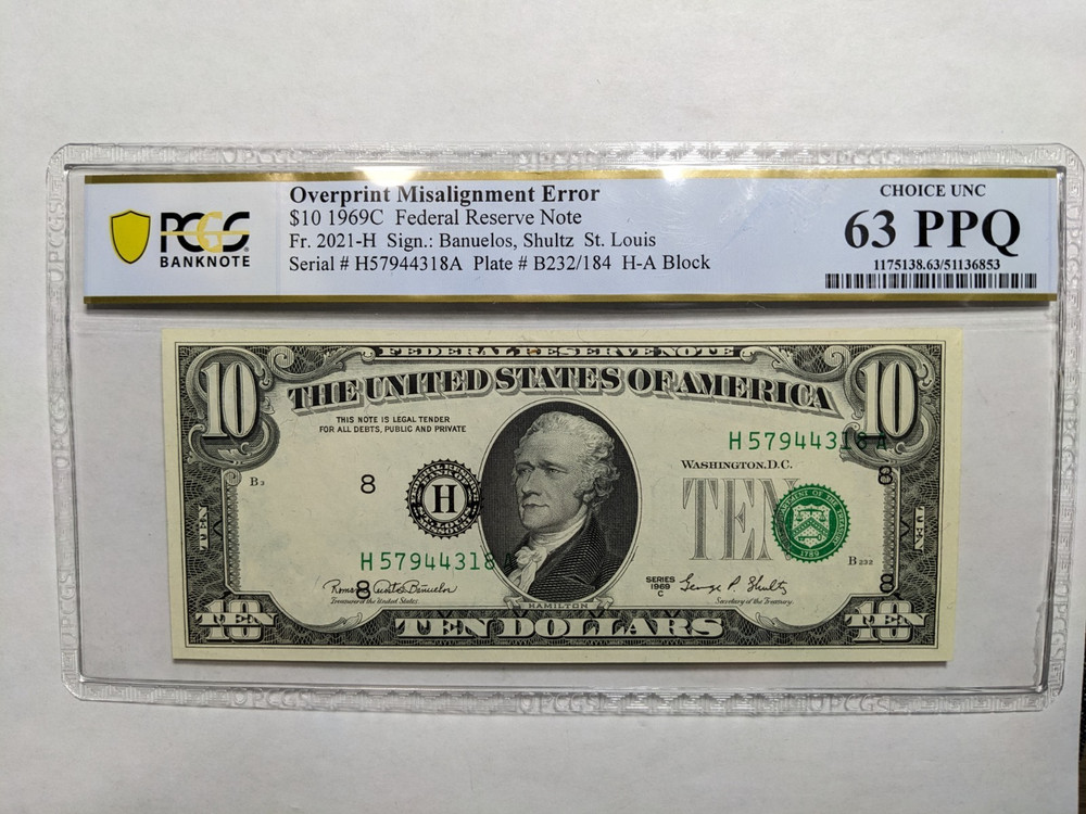 MISALIGNMENT ERROR $10 1969-C FR NOTE FR.#2021-H 63 PPQ SCARCE/OVERPRINT
