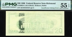 1996 $20 FRN « INSUFFICIENT INK ON BACK » 55EPQ