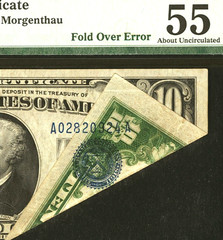 SUPER RARE (unique?) FOLD OVER ERROR on a Silver Certificate 1934 $10 = PMG 55