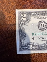 1976 Jefferson $2 Dollar Bill – miscut/misalligned Error – **Rare**