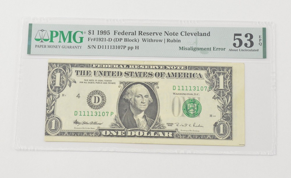 About UNC 53 EPQ 1995 $1 FRN Cleveland – FR#1921-D Misalignment Error PMG *6580