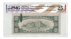 U.S. – 1981 $10.00 Federal Reserve Note Ink Smear Error – PMG VF 25