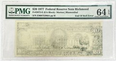 1977 $20 DOUBLE ERROR END OF ROLL / INSUFFICENT INK NOTE PMG CHOICE UNC 64 EPQ