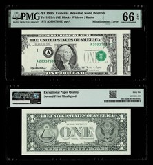 Misalignment Error FR.#1921-A 1995 $1 Federal Reserve Note, BOSTON PMG 66 EPQ