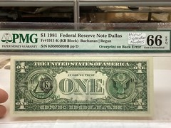 $1 1981 PMG 66 EPQ And 65 EPQ Consecutive Pair Overprint On Back Errors-2 Notes