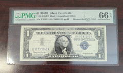 RARE 1957B $1 SILVER CERTIFICATE MISMATCHED S/N ERROR PMG 66 GEM UNC EPQ