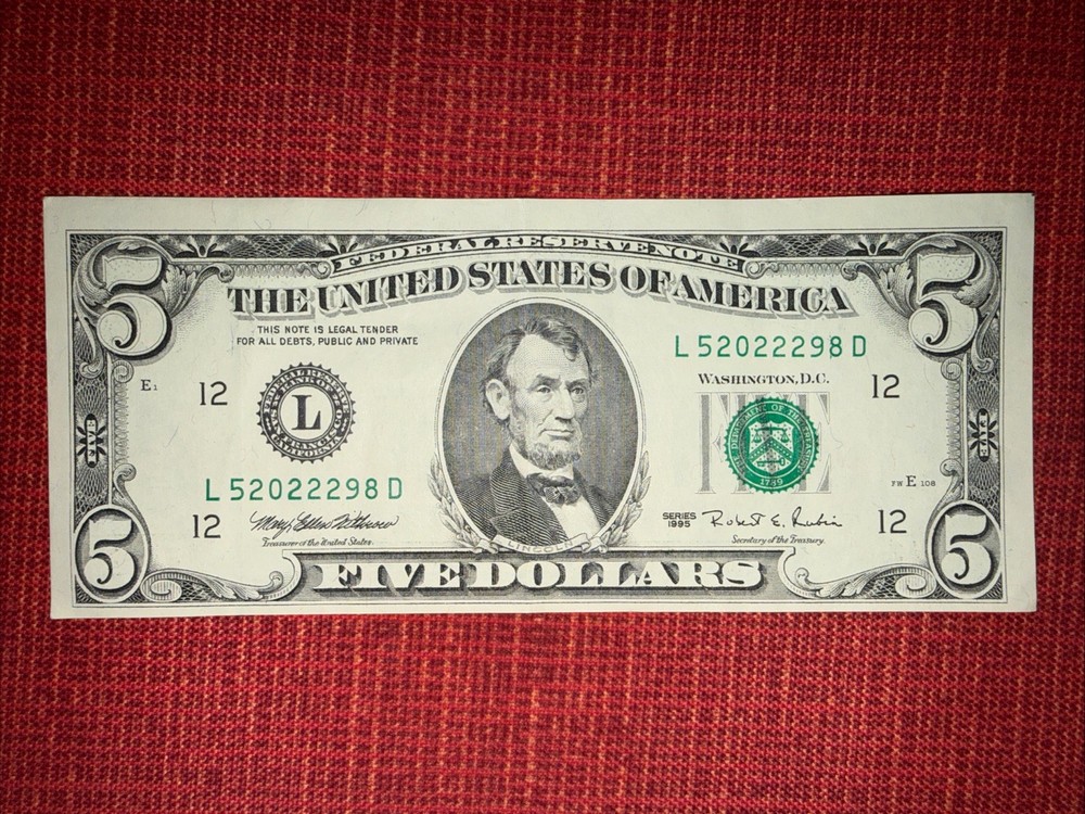 $5 Bill Series 1995 Vintage L52022298D Fancy Quad 2s Serial Note Error Miscut