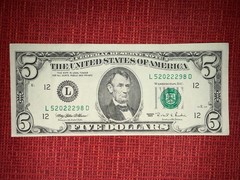 $5 Bill Series 1995 Vintage L52022298D Fancy Quad 2s Serial Note Error Miscut