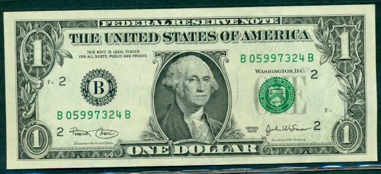 $1.00 FRN – New York, DRAMATIC OVERINKING ERROR reverse, 2003, Fr. #1928B, UNC