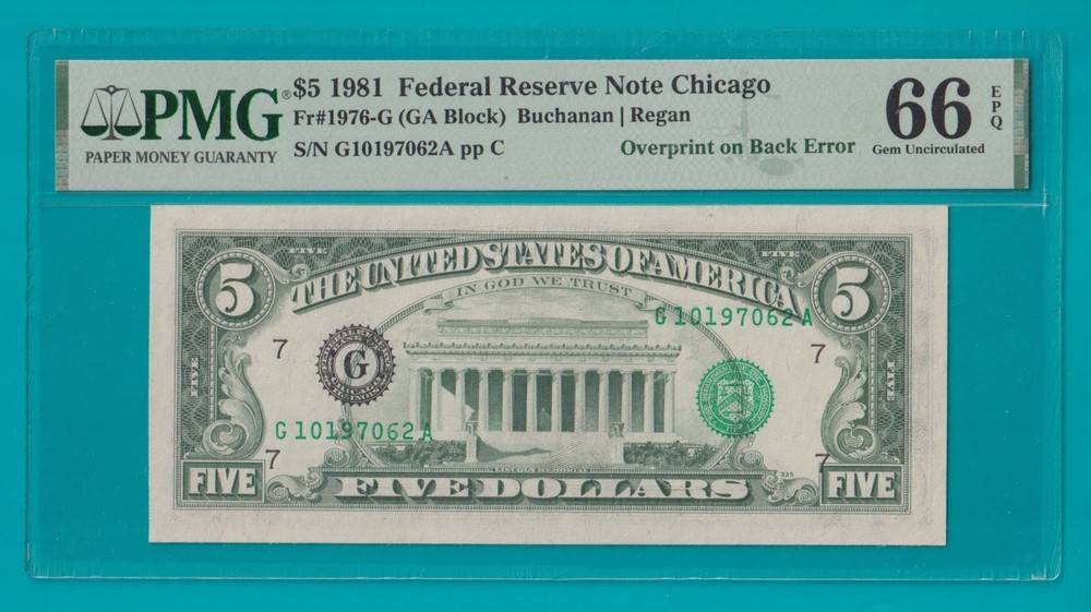 1981 $5 FRN Chicago Overprint on Back ERROR – PMG GEM UNC 66EPQ (STK# 14)