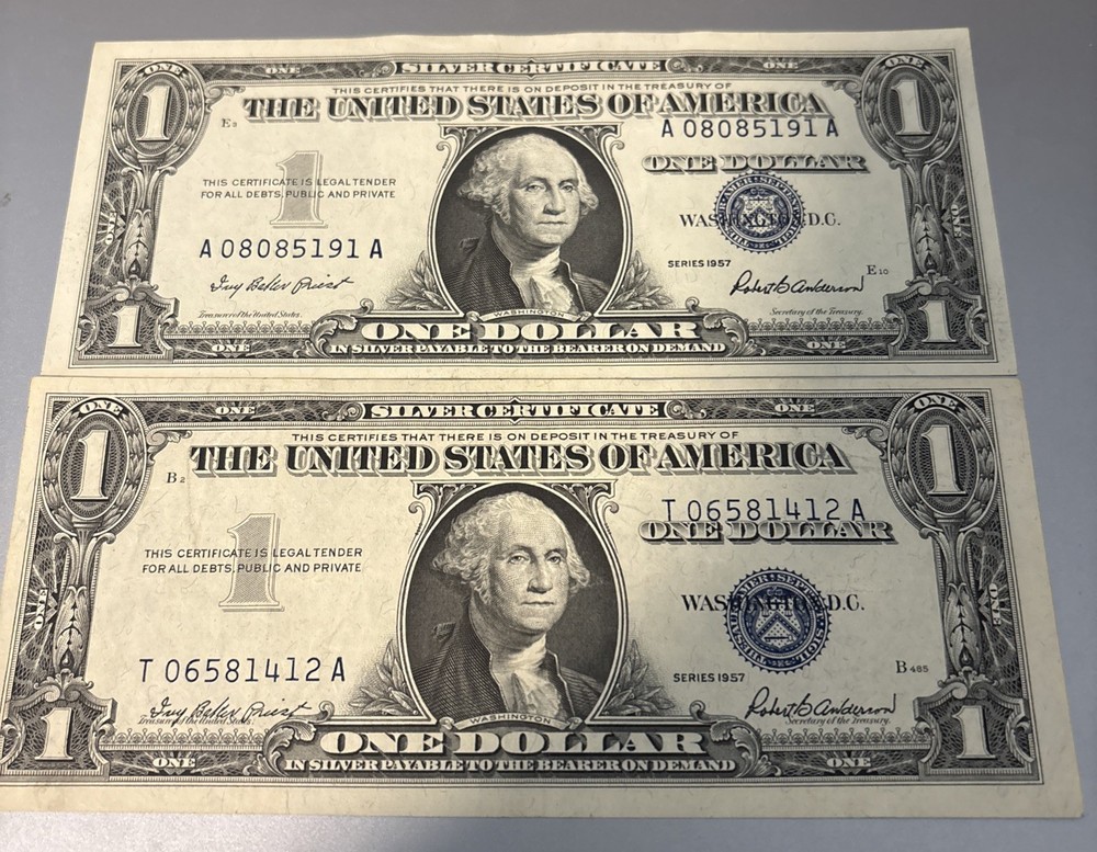 Pair Of 1957 $1 Silver Certificates with Opposite 3rd Printing SHIFT ERRORS AU