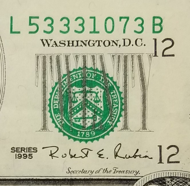 Twenty Dollar Overprint 3rd Print Shift Error Off Center US $20 Series 1995 L B