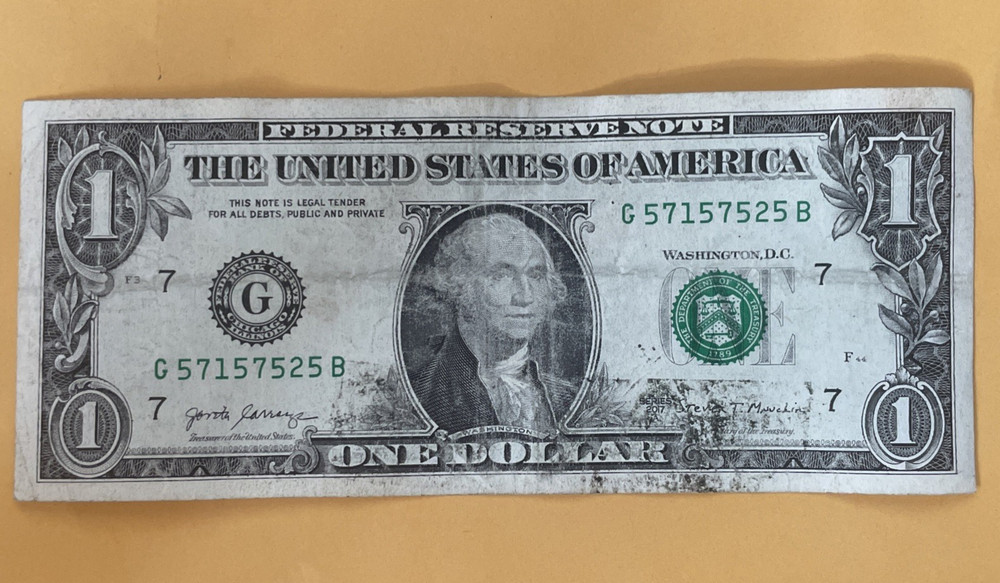Ink Print Smudge Error $1 Note with QUAD 5, 2017A Series, Fancy