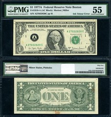 FR. 1910 A $1 1977-A Federal Reserve Note ERROR Ink Smear PMG AU55 Minor Stains
