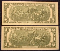 2 Consecutive Numbered 1976 $2 US Notes, Crisp Unc., One has Misalignment Error
