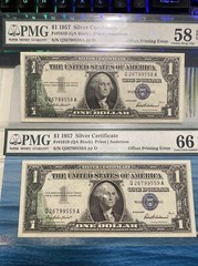 1957 $1 One Dollar Silver Certificate Error Offset Printing PMG 2 consecutive！