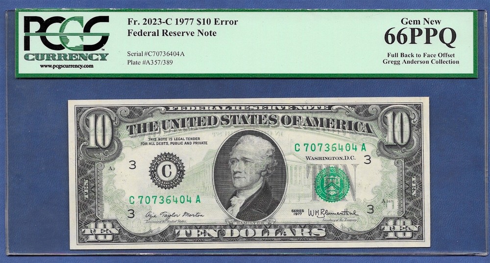 1977 $10 ERROR ♚♚FULL BACK TO FACE OFFSET♚♚ PCGS GEM NEW 66 PPQ