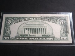 1977 A US $5 Federal Reserve Note Overprint Error Obverse on Reverse 
