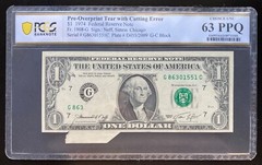 $1 Bill, 1974 with Pre-Overprint Tear with Cutting Error, PCGS Graded 63 PPQ