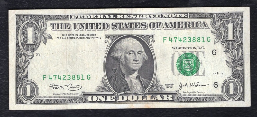 2003 $1 FRN FEDERAL RESERVE NOTE MISSING SEAL OVERPRINT ERROR” VERY FINE+