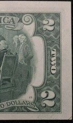 1976 $2 note alignment Shift over-inking error AU58 1 fold