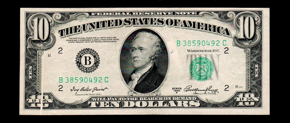 ((Gutter Fold Error)) $10 1950-A Federal Reserve Note Free Shipping (H24)