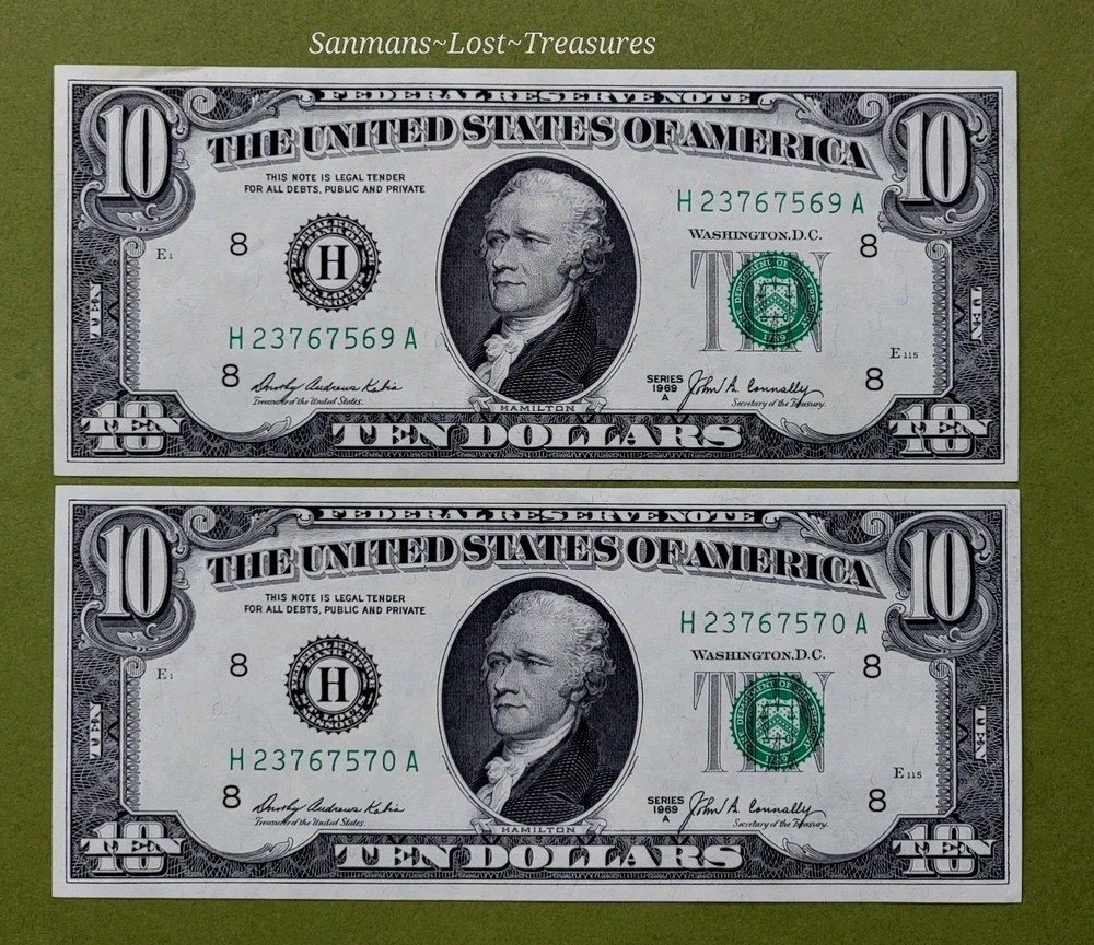 1969-A $10 DOLLAR F.R.N SEQUENTIAL ERROR NOTES GEM CRISPY UNC ST LOUIS MISSOURI