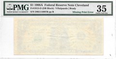 1988A Federal Reserve Note (FRN) Cleveland First Print Missing Error VF 35 PMG