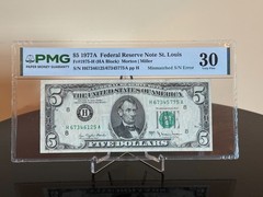 1977A $5 FRN St. Louis Suffix Mismatched Serial Number Error Note. Rare ! Nice !