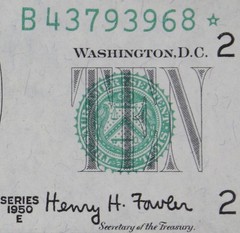 $10 1950E AU Star Federal Reserve Note B43793968* series E, ten dollar, New York