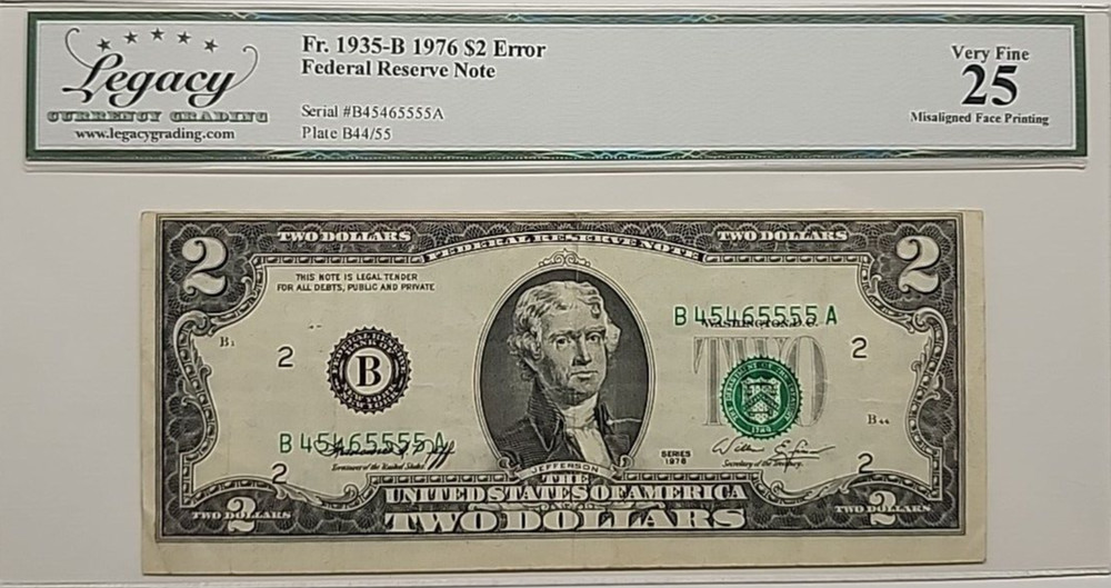 MISALIGNED PRINTING ERROR 1976 2$ LEGACY25 SOLID 5S 5555A