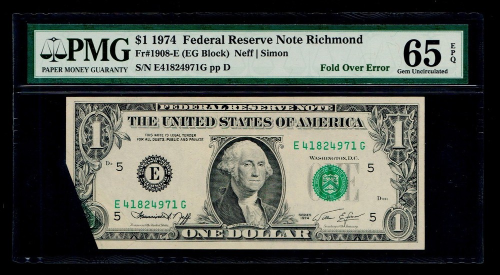 Fold Over Error 1974 $1 PMG Gem Uncirculated 65 EPQ