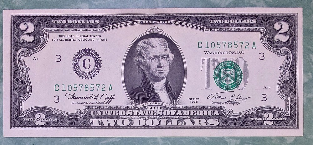 1976 $2 Dollar Bill with minor (Miscut/Misaligned) Error