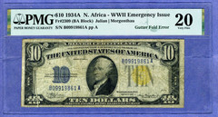 RARE GUTTERFOLD ERROR = 1934A $10 North Africa silver certificate = PMG = Gutter