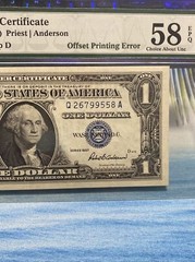 1957 $1 One Dollar Silver Certificate Error PMG Offset Printing Error Top are！
