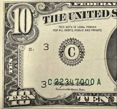 $10 1993 FRN Offset Misalignment Error Green Seal / Serial Number Currency Note