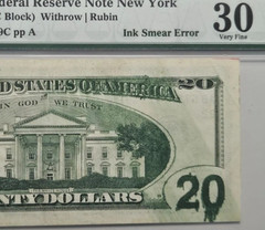 PMG30 VF 1996 20$ UNIQUE INK SMEAR ERROR 7419C